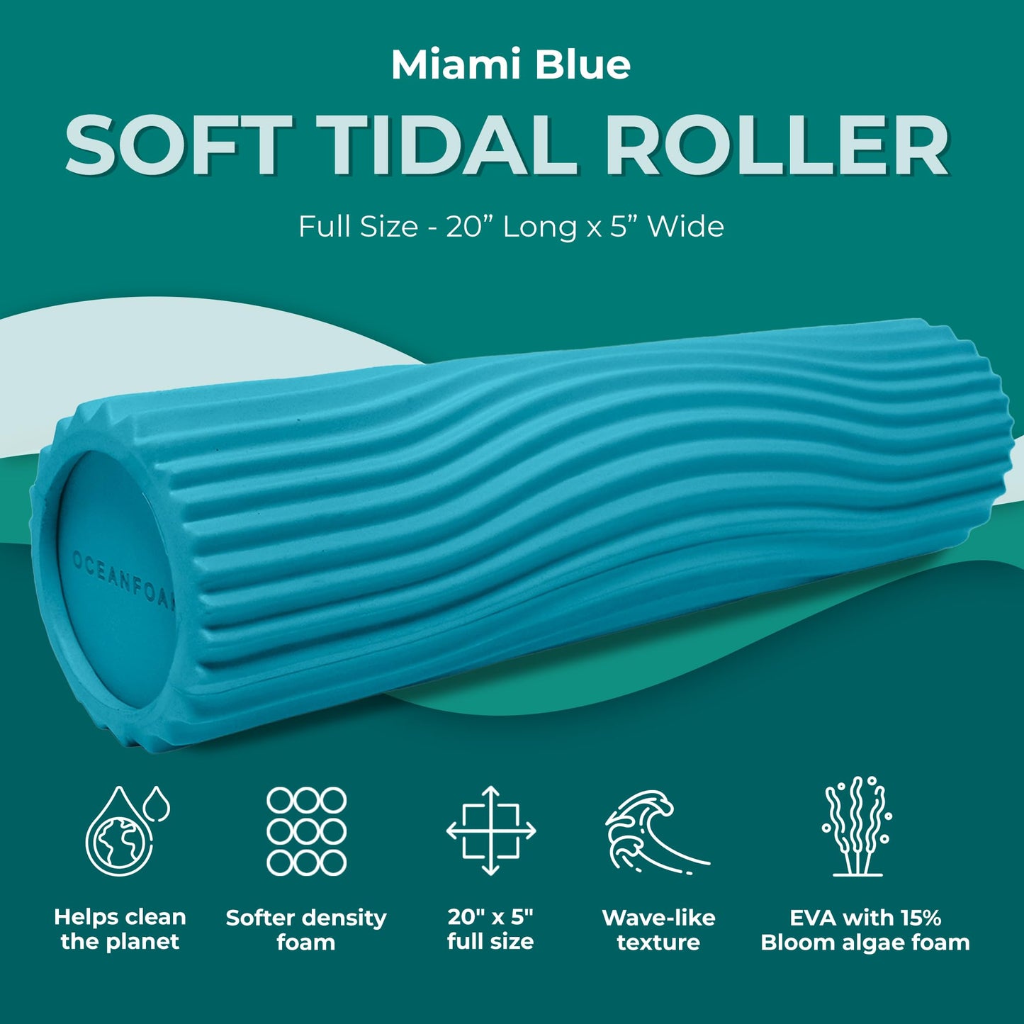 Oceanfoam Soft Tidal Roller (Miami Blue) - Low Density Foam Roller for Physical Therapy, Back Pain, Exercise & Stretching - Wave Textured - Yoga, Athletics, & Wellness - Full Size, 20" x 5"