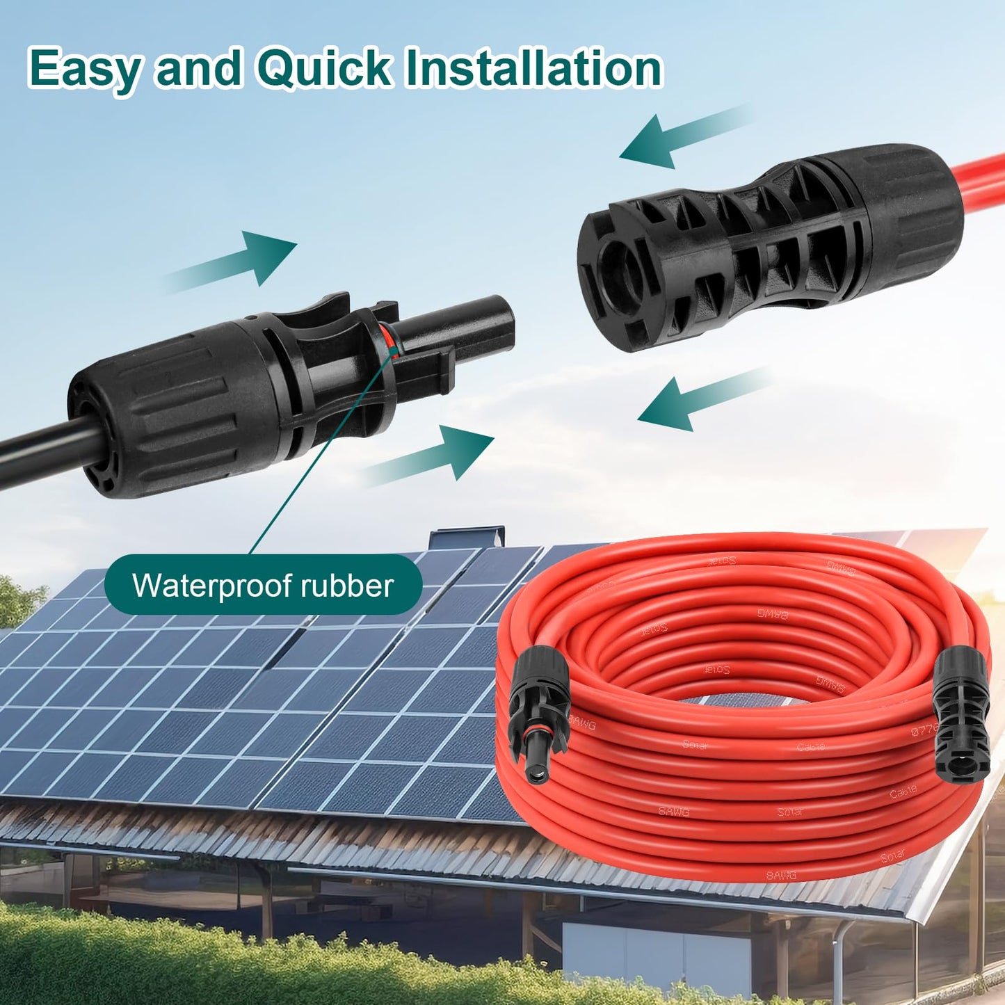 MOOKEERF Solar Panel Extension Cable - 8AWG 60FT Solar Wire with Female & Male Waterproof Connector PV Wire for RV, Photovoltaic Systems, Home, Boat, Solar Panels, Car(75Feet Red + 75Feet Black)