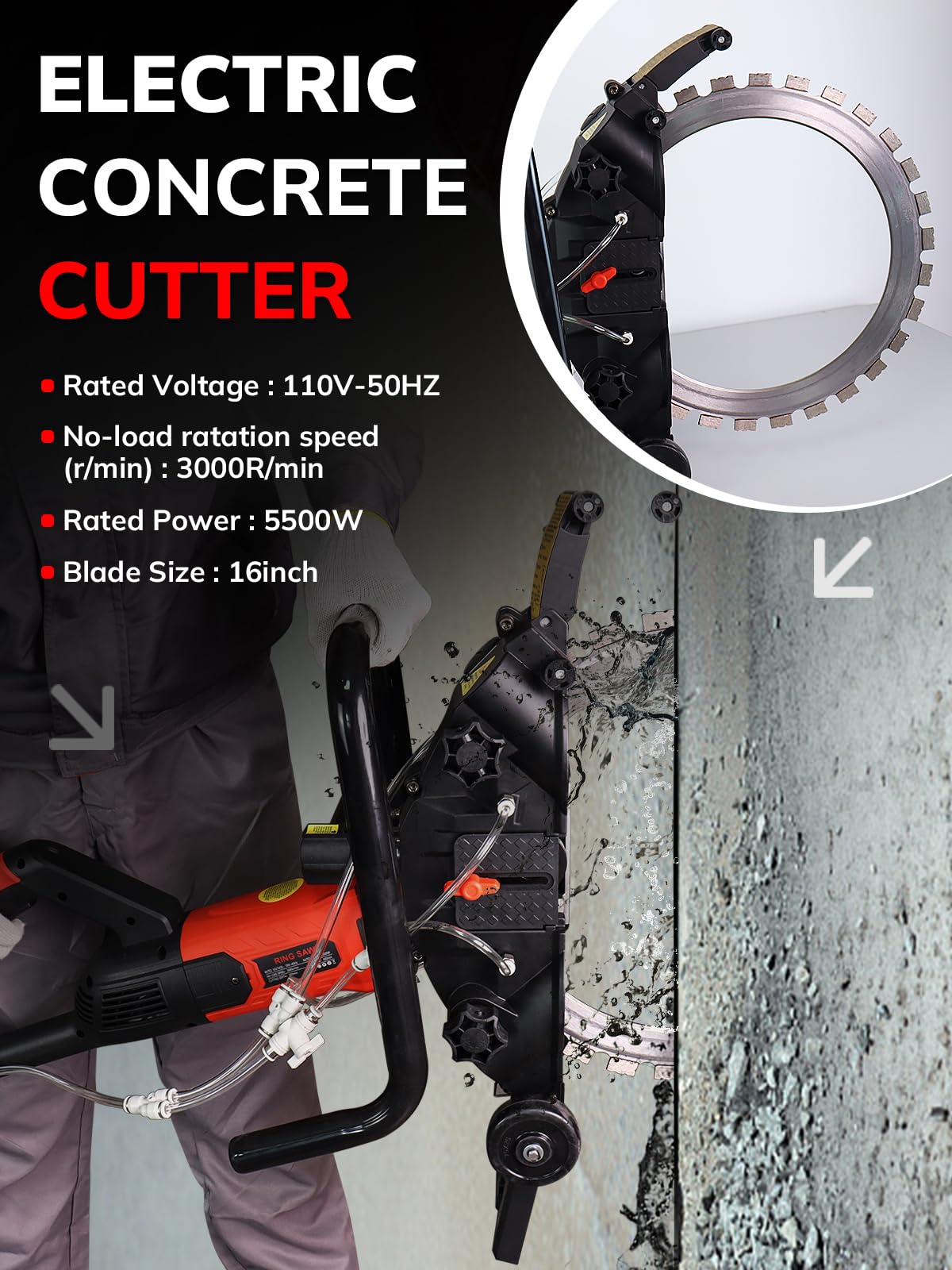 16" Toroidal Electric Concrete Ring Saw 5500W, 110V, Wet/Dry Cutting with Water Pump, Max Depth 11.8", for Concrete, Bricks, Rebar, and Marble – High Power Diamond Cutter