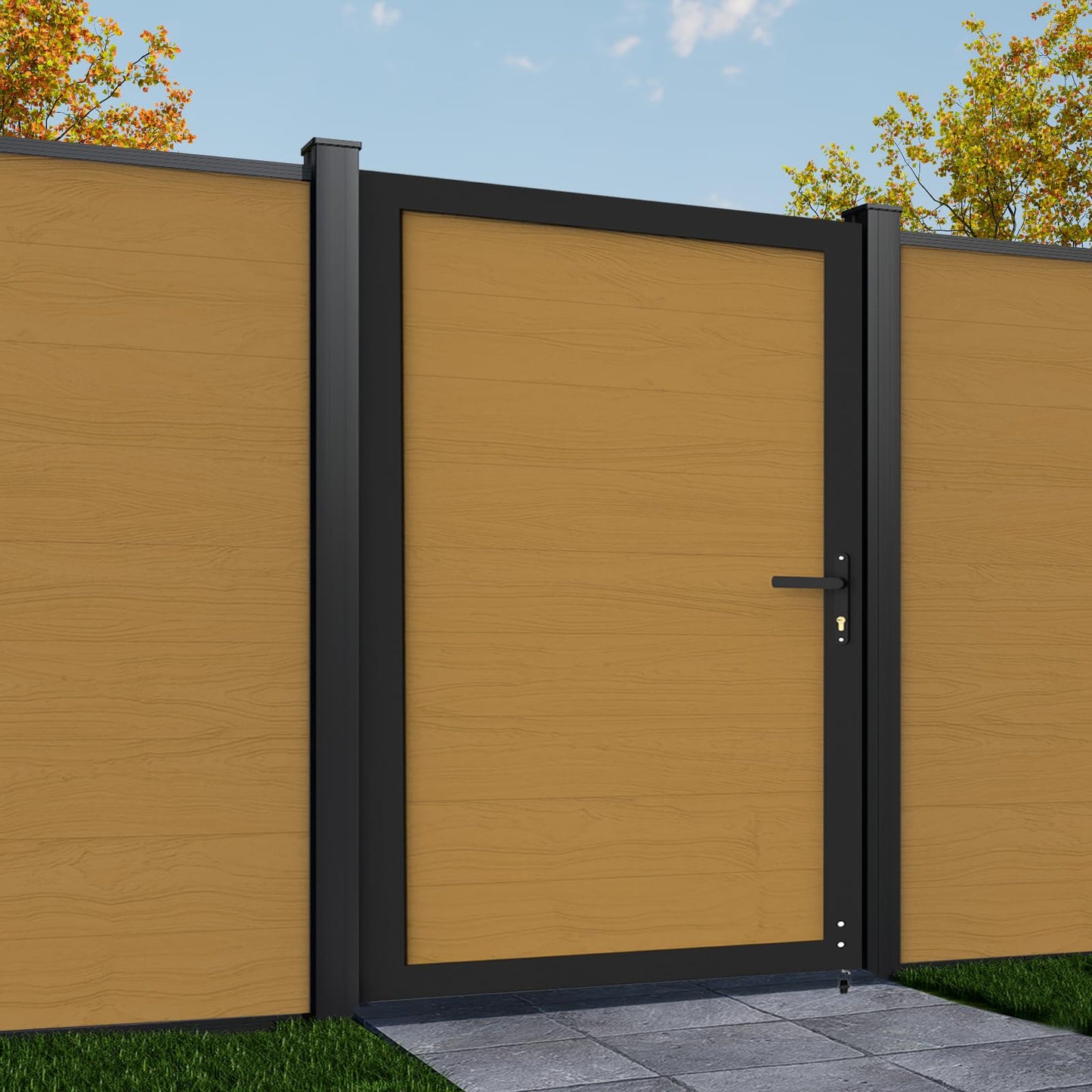 Mondaria Wood Plastic Composite Gate for Privacy Fence 6ft(H)*4ft(W), Fence Gate with Metal Frame and Knob Kits, Yellow Teak (Without Post)