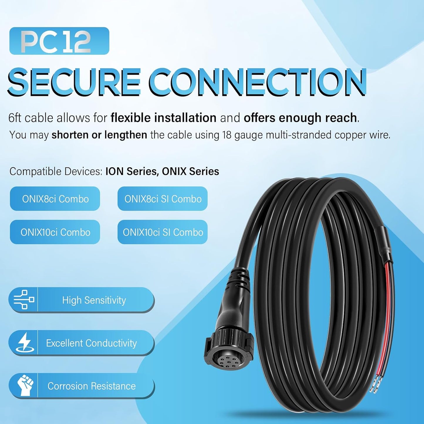 Bonbo 12 6' Humminbird 720085-1 (6 PC Power Cord Power Cable Fit for SOLIX and Onix Series Fish Finders Foot)