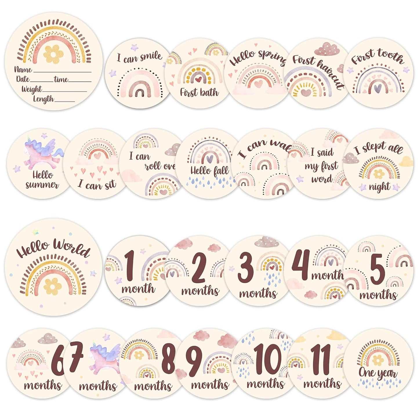 Set(13pcs) Baby Monthly Milestone Cards Sign - Double Sided Wooden Milestone Cards with Rainbow Design, Wooden Circles