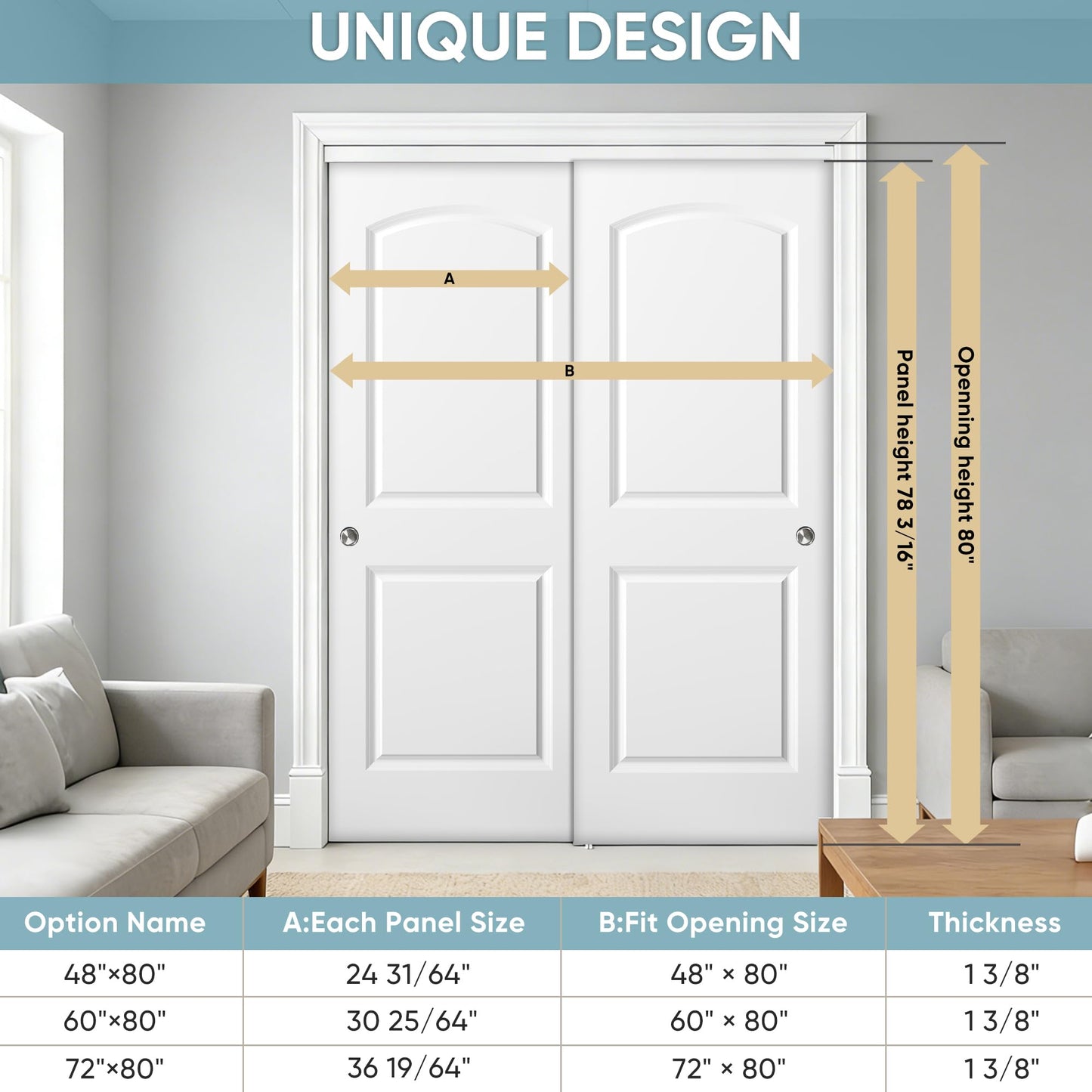 JUBEST 60x80 in Sliding Closet Door, Raised 2-Panel Arch Top White Primed Hollow Core Door Slab with Hardware Kits & Matching Fascia, Pre-drilled & Paintable, Space-Saving for Bedroom Laundry