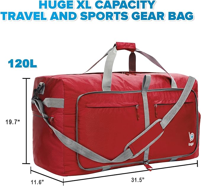 Bago Large Foldable Duffel Bags for Traveling Women & Men - 120L Packable Duffle Bag for Travel with Shoe Compartment - Water Repellant, Heavy Duty, Lightweight Folding & Collapsible (Red)