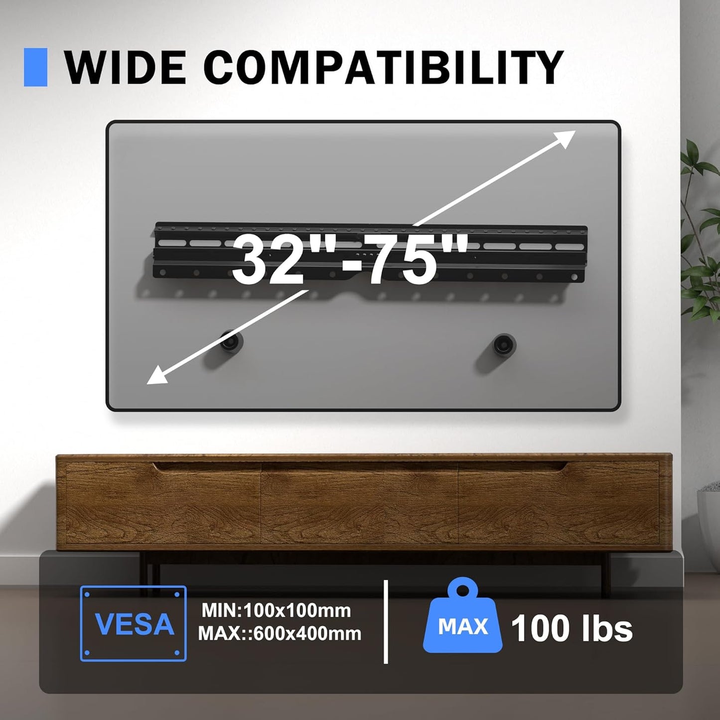 XINLEI 32-75 inch 100lbs, (MF81M) No Stud TV Wall Mount, Drywall Studless TV Hanger for Most Flat Screen TVs, Holds up