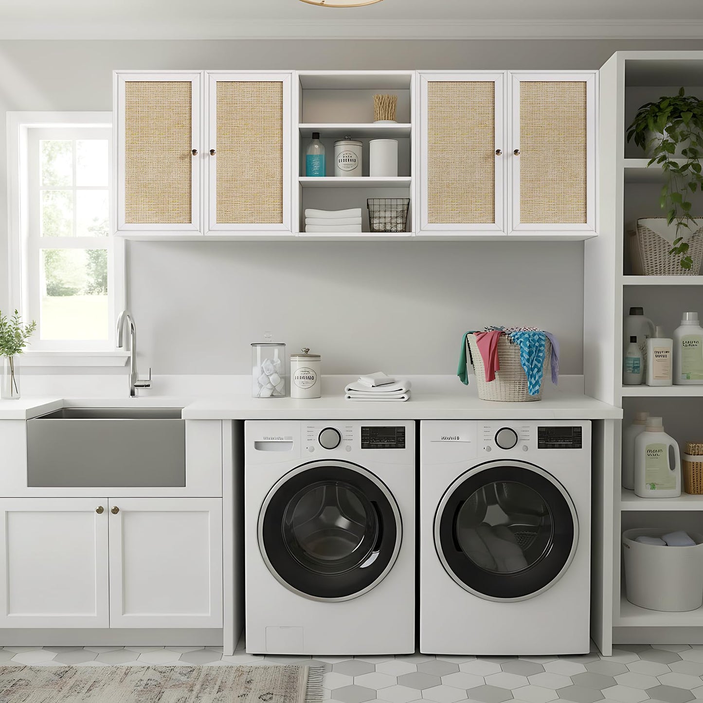 Furnaza Kitchen Wall Cabinets,Rattan Wall Mounted Laundry Cabinets with Adjustable Shelf, Floating Hanging Storage Cabinet for Laundry Room, Bathroom, Kitchen,63" W x 11.8" D x 21.6" H