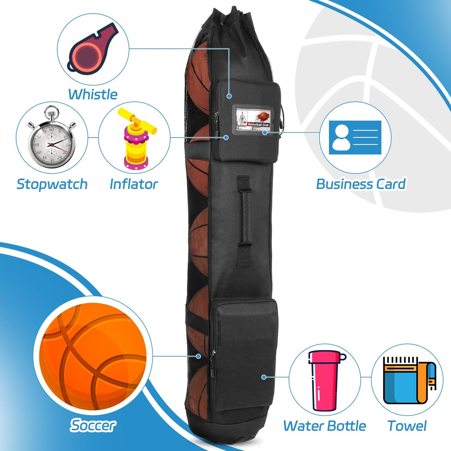 Skureay Basketball Bag for Team Balls, Heavy Duty Basketball Coashes Bag for 5 Basket Balls - Mesh Bags for Coaching/Adjustable Shoulder Straps/Volleyball Accessories
