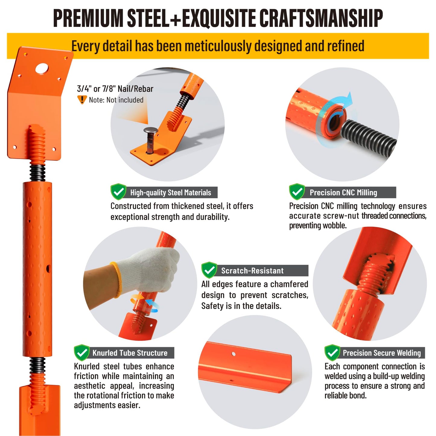 EPCEE Adjustable Wall Brace Concrete Turnbuckle Form Aligner 33.2"-40" Length Heavy-Duty Steel Formwork Support Anti-Loosening Brace for Walls/Columns/Beams (8, Safety Orange, 33.2"-40")