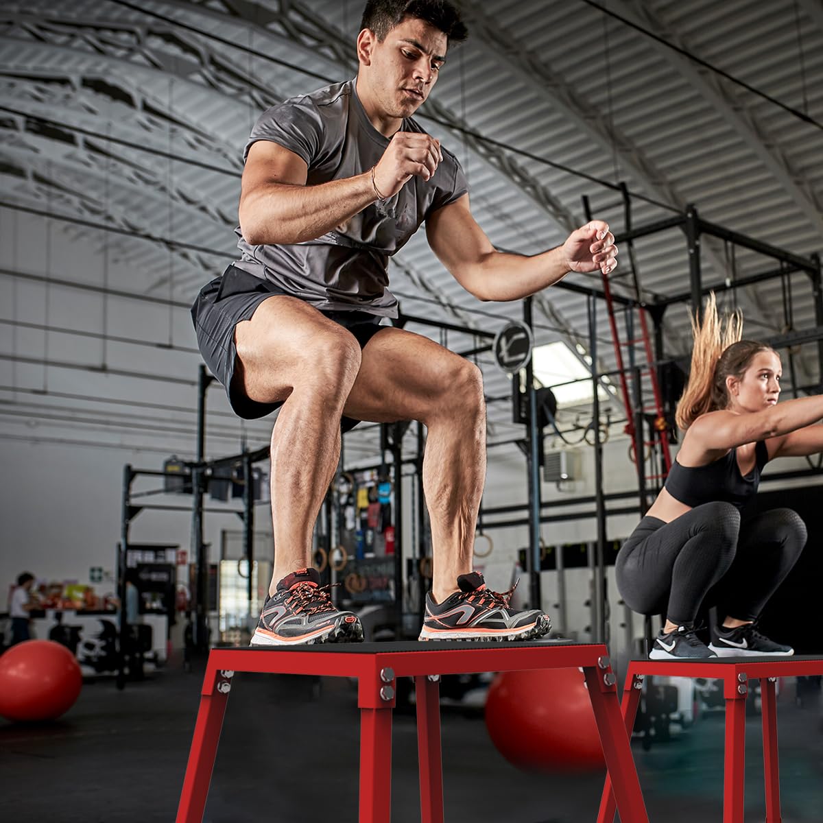 PeakPursuit 12 Inch Metal Plyo Box, Plyometric Jumping Box Set with Anti-Slip Surface for Workout Home Gym,Single and Set,Red