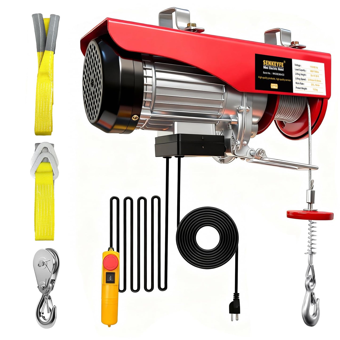 Electric Hoist 1760lbs, 1450W Electric Winch with Remote Control, 39.4ft Single Cable Lifting Height with Emergency Stop, Hoist with Zinc-Plated Steel Wire Hoist for Garage