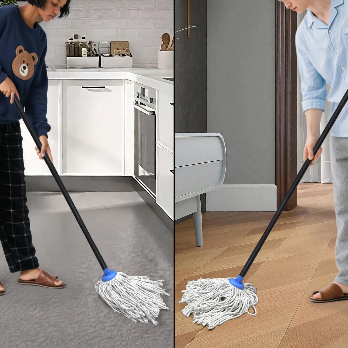 Indoor Mop for Floor Cleaning - Cotton Mops for Floor Cleaning, Regular Mop for Floors, 49-inch Simple Mops for Cleaning Living Rooms, Bathrooms, and Kitchens. (White&Blue)