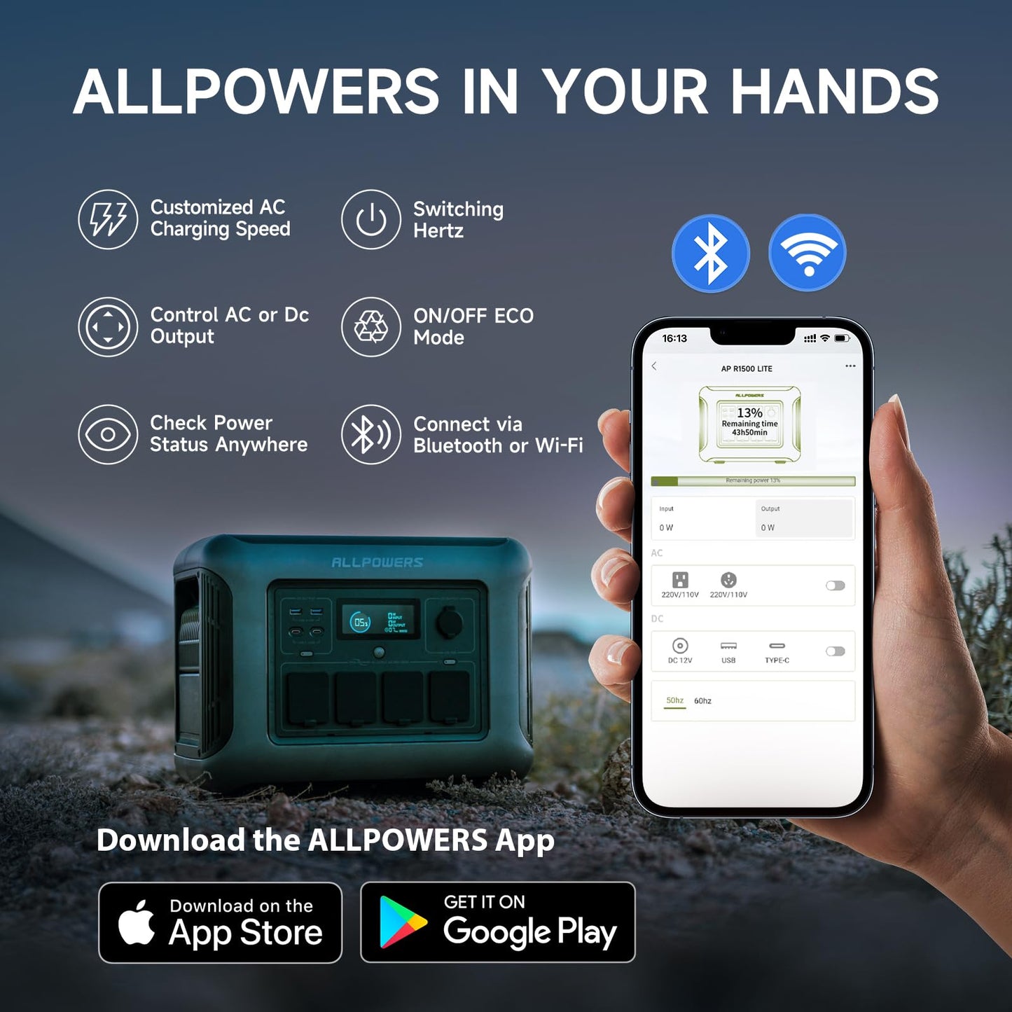 ALLPOWERS R1500 Portable Power Station, 1152Wh LiFePO4 Battery Backup w/ 4 1800W (3000W Peak) AC Outlets, 0-80% in 40 Min, 43dB UPS Solar Generator for Camping, Party, RV, Home Use