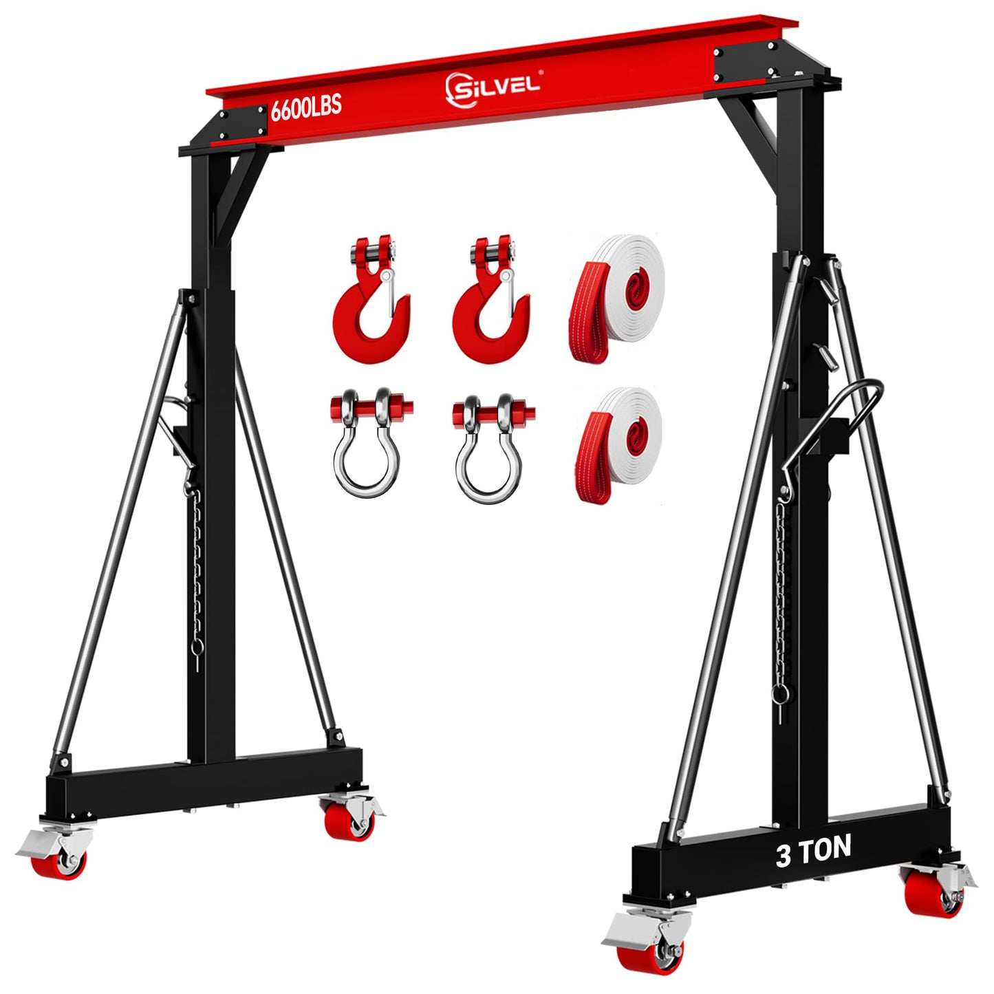 SILVEL 3 Ton 6600Lbs Gantry Crane, 8.53FT Maximum Capacity Width, 8.53-12.47FT Adjustable Height, Portable Shop Lift Hoist with 3 Ton Manual Trolley for Factories, Warehouses, Garage, Red