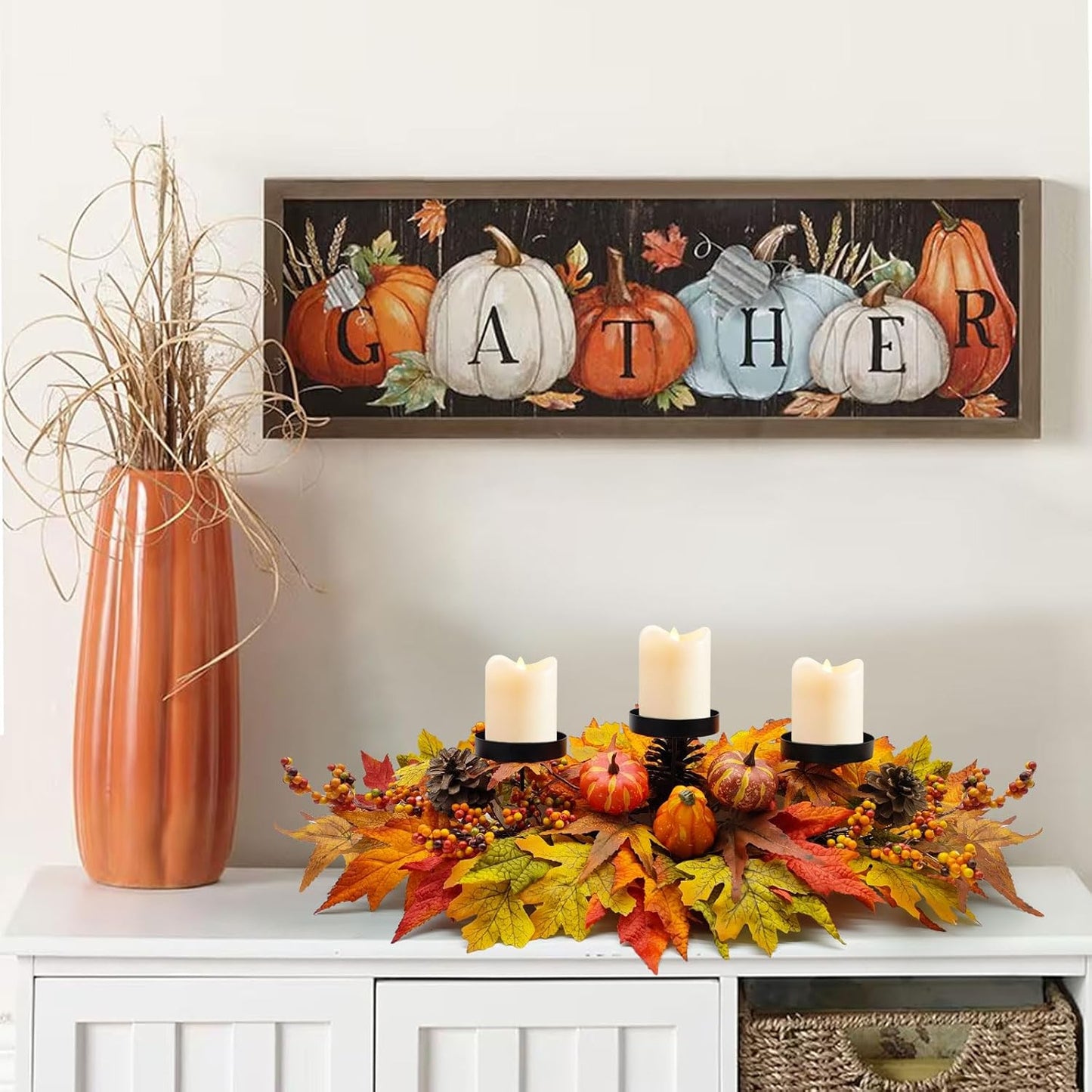 Regine Switzerland Thanksgiving Centerpiece - Artificial Gourd & Pumpkin Decor with Pine Cones & Maple Leaves | Perfect for Dining Table & Fireplace Mantel