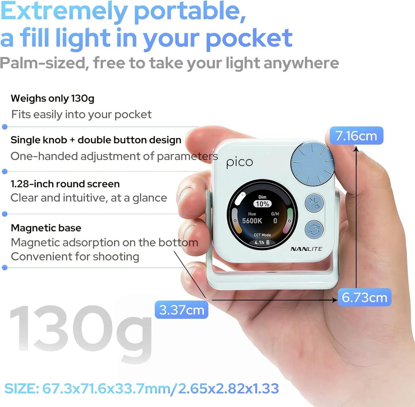 NANLITE Pico Portable LED Fill Light Full Color RGB, Snap-On Attachment for Phone/Camera Photography, Live Streaming