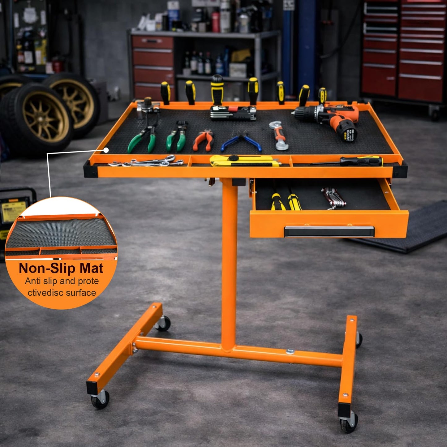A A IN LT18 Heavy Duty Adjustable Work Table with Drawer for Mechanic,220lbs Capacity Rolling Tool Tray Table with Wheels Orange