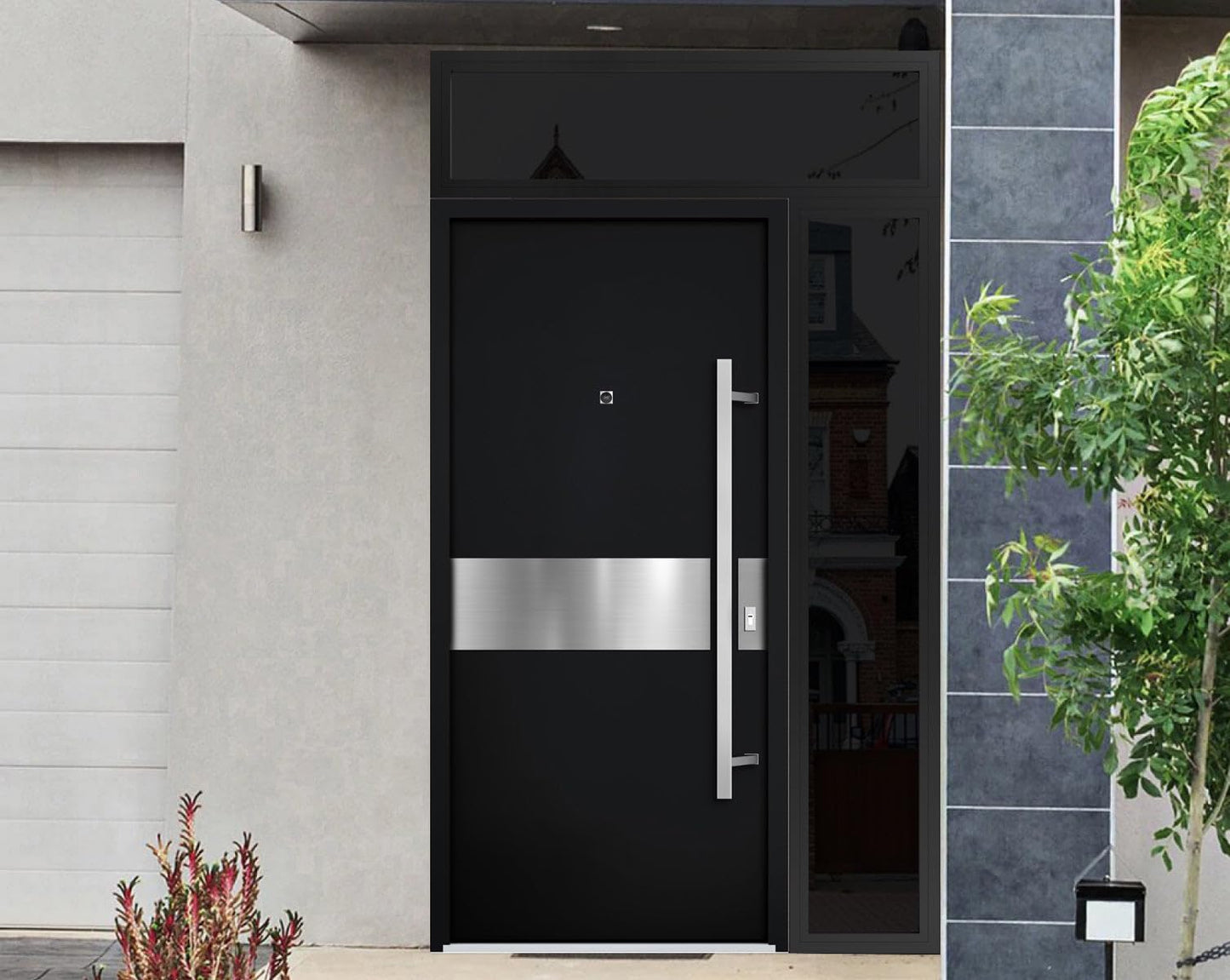 VDOMDOORS Front Exterior Prehung Steel Door/Deux 6072 Black Enamel/Side and Top Exterior Window Sidelite/Entry Metal Modern Painted W36+14" x H80+16" Left Hand Inswing