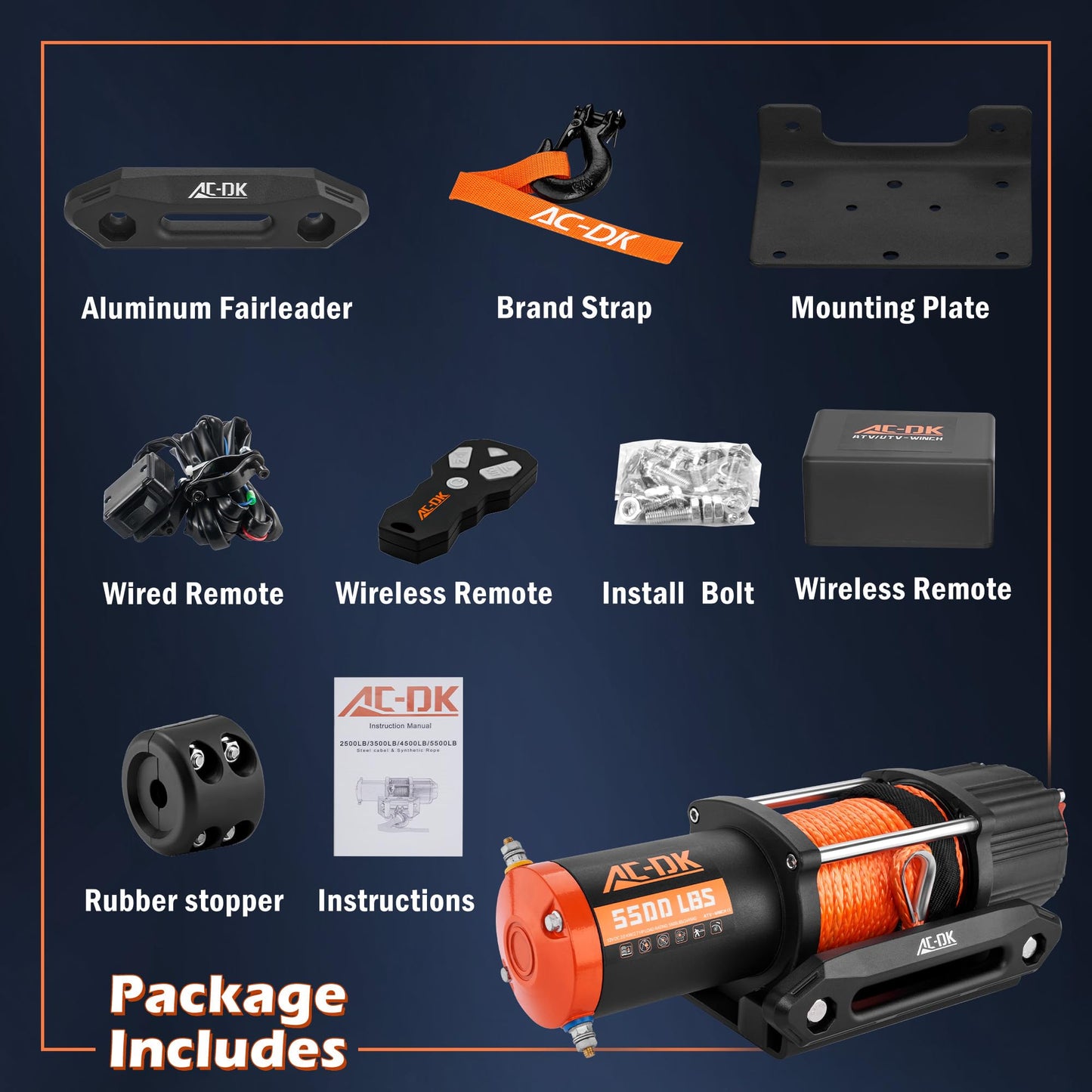 AC-DK 5500 lb ATV/UTV Winch Synthetic Rope Kits, 12V Winch with Wireless Remote for Off Road Trailer Boat RV Towing Winches, Waterproof Winch with Mounting Plate and Wired Remote