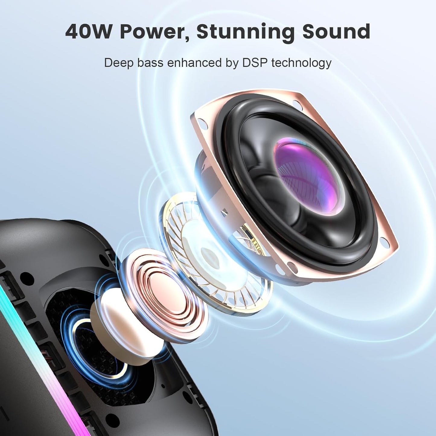 ZICOROOP 40W 5.3, IPX6 12H Bluetooth Speaker, Portable Wireless with Stereo Bass, Bluetooth Waterproof Shower Speakers