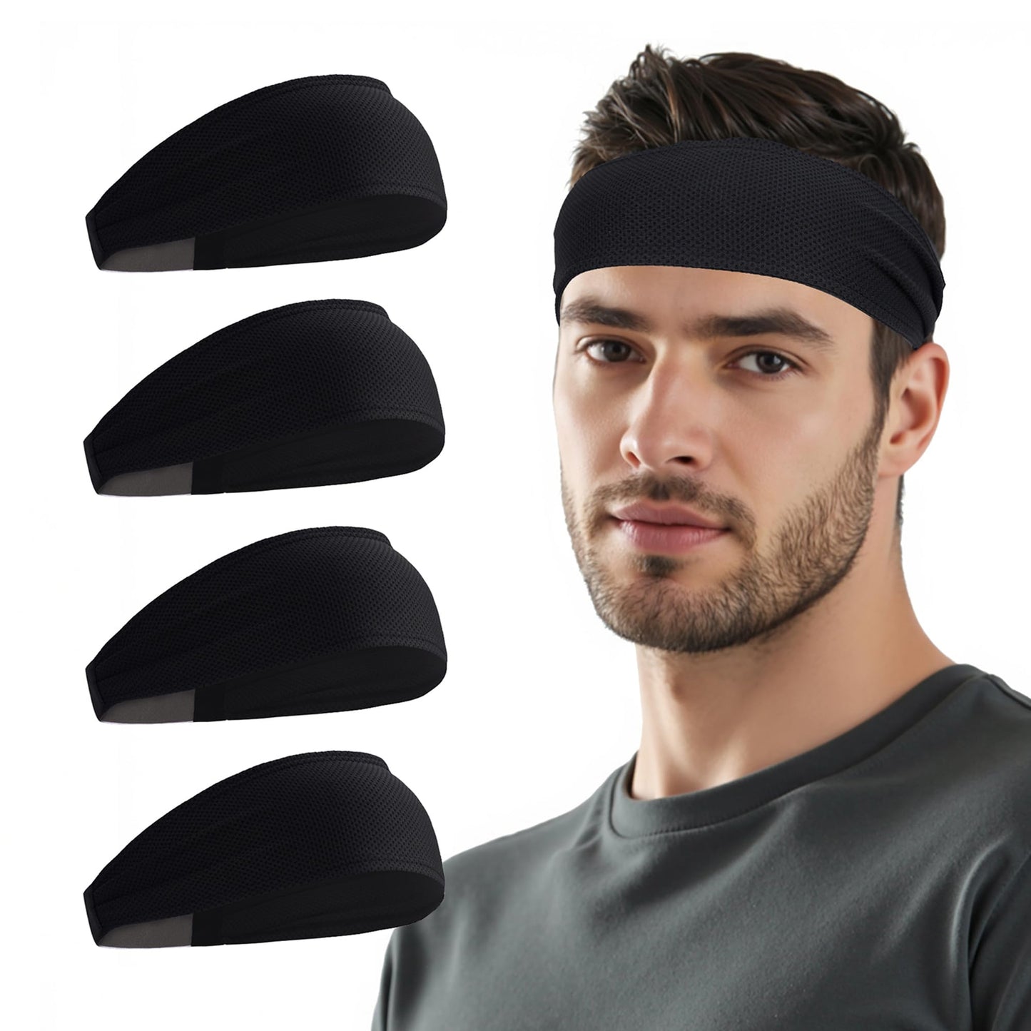 Sukeen Cooling Sports Headbands for Men 4 Pack: Instant Cooling Moisture Wicking Sweatbands Non-Slip, Quick-Dry Elastic Mens Headband for Gym, Running, Cycling, Training & Workout, Black
