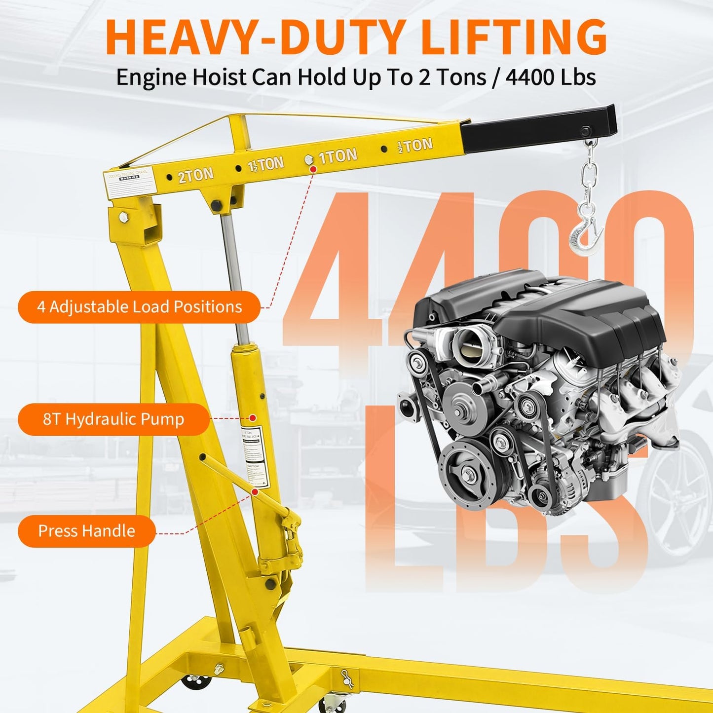 EliteEdge 2-Ton Folding Engine Hoist Cherry Picker 4400 Lb Capacity Hydraulic Shop Crane with Telescoping Boom 6 Caster Wheels for Automotive Repair Garage Use Includes Hitch and Storage Stand Yellow