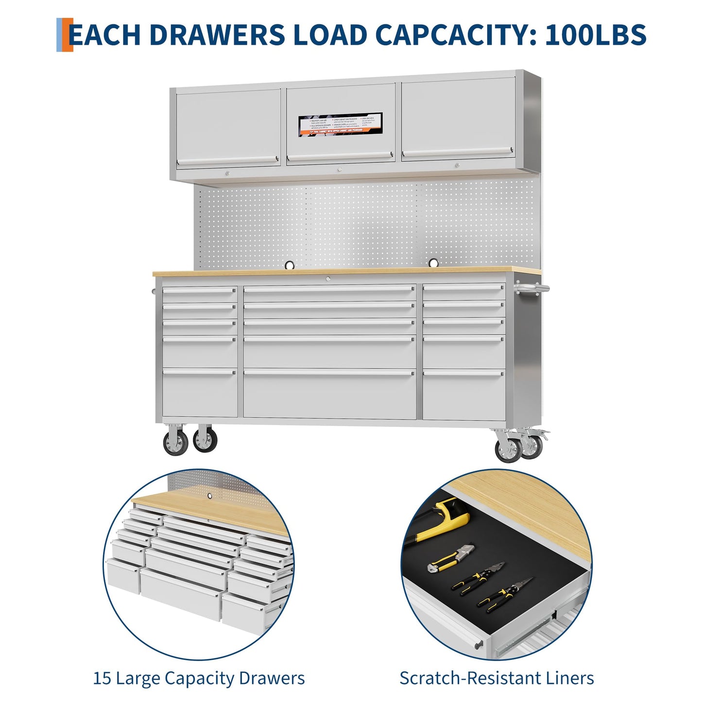PeacefulHues 72 Inch Rolling Tool Chest with 15 Drawers, Rubber Wood Workbench Top, Anti-Fingerprint Steel, Lockable Wheels & Key Lock, Mobile Storage Cabinet Organizer for Garage & Workshop