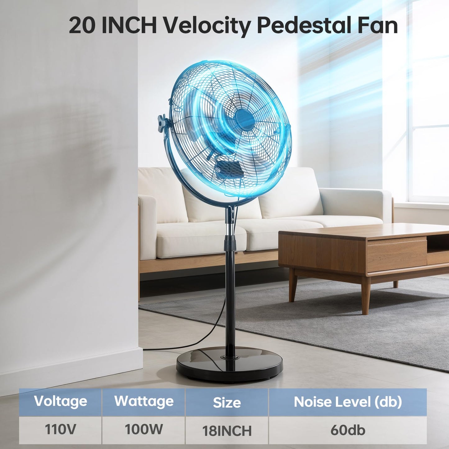 Allsheen 20 Inch High Velocity Pedestal Fan, Heavy Duty Industrial Standing Fan with 3-Speed & Adjustable Height (47.1"-55.1"), Metal Fan for Bedroom, Patio, Workshop & Indoor Air Circulation