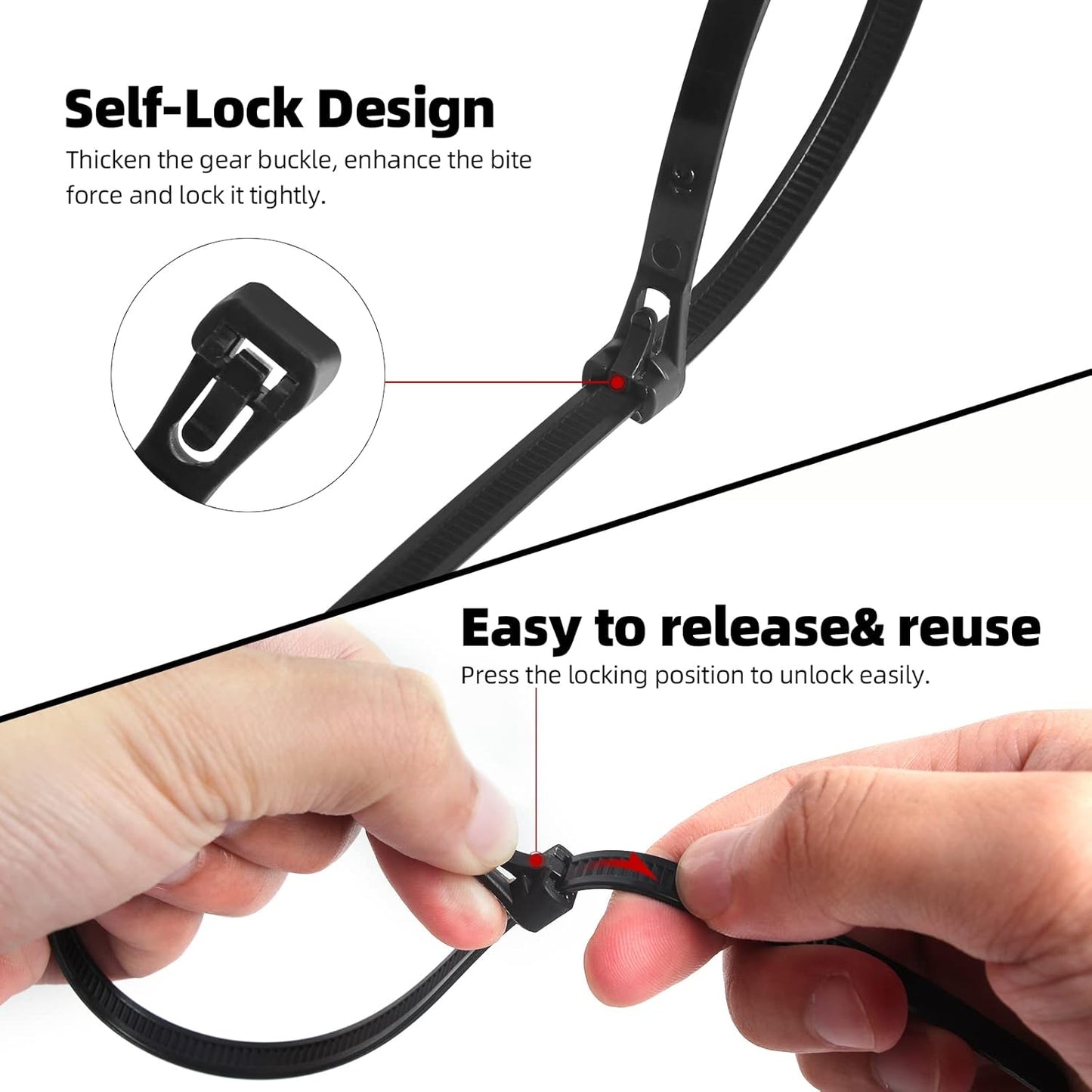 100Pcs 8 Inch 40lbs Heavy Duty Industrial Zip Toes Tensile Strength Releasable Black Tie Wraps Reusable Zip Toes Tie