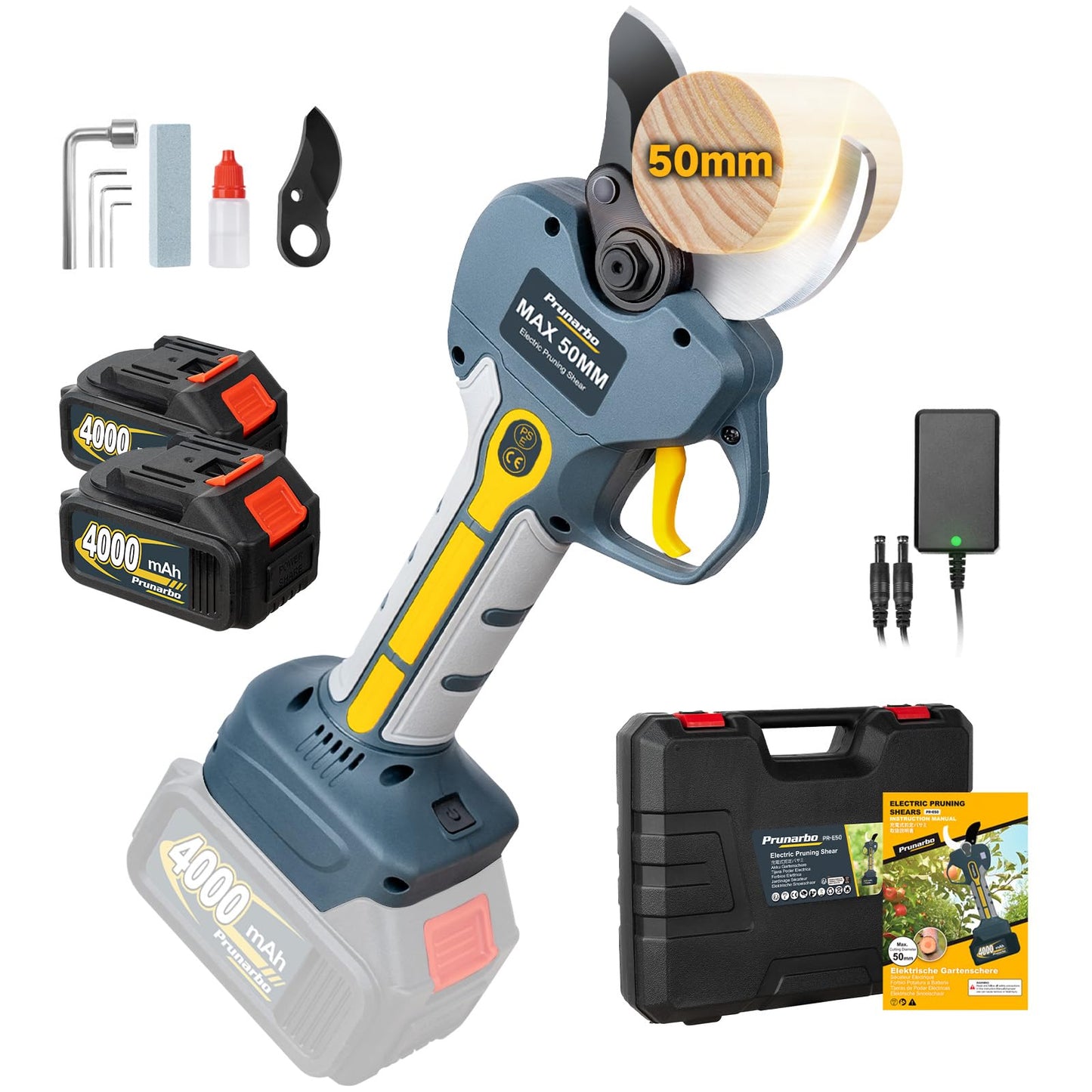 2 Inch Professional Electric Pruning Shears Cordless, Pole Compatible Tree Pruner for High Branches, 2×4000mAh Battery 50mm Heavy Duty Secateurs Compatible with Makita, Orchard Vineyard Commercial Use