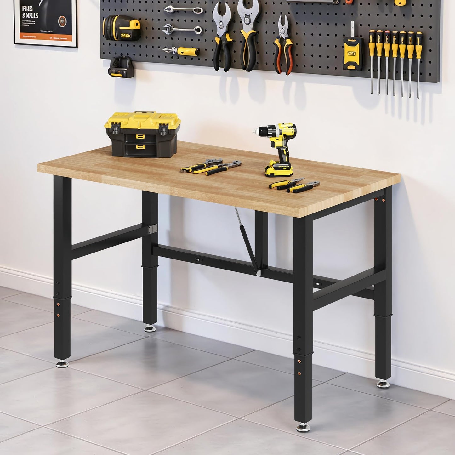 SPECRAFT Folding Workbench, Adjustable Foldable Workbench, 34.7"-40" Height Adjustable, Rubber Wood Top for Garage, Workshop, Office