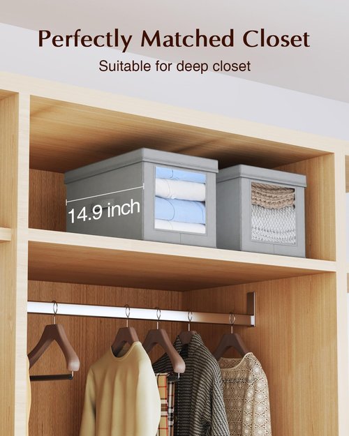 Homsorout Collapsible Storage Bins - Foldable Decorative Boxes with Lids & Side Window | 15-Inch Grey Organizer Bins (5 Pack)