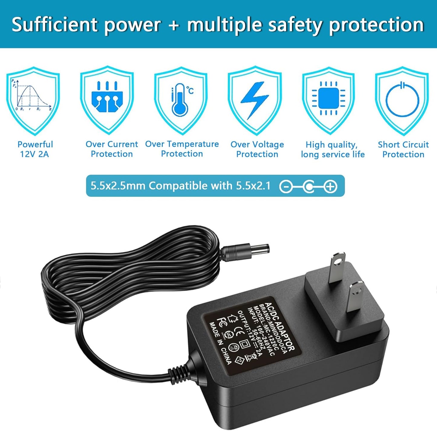 minidodoca 12V 2A 2 12 2000mA DC12V (6 Pack) AC Adapter Charger Replacement with Tips, Regulated Volts Power Supply