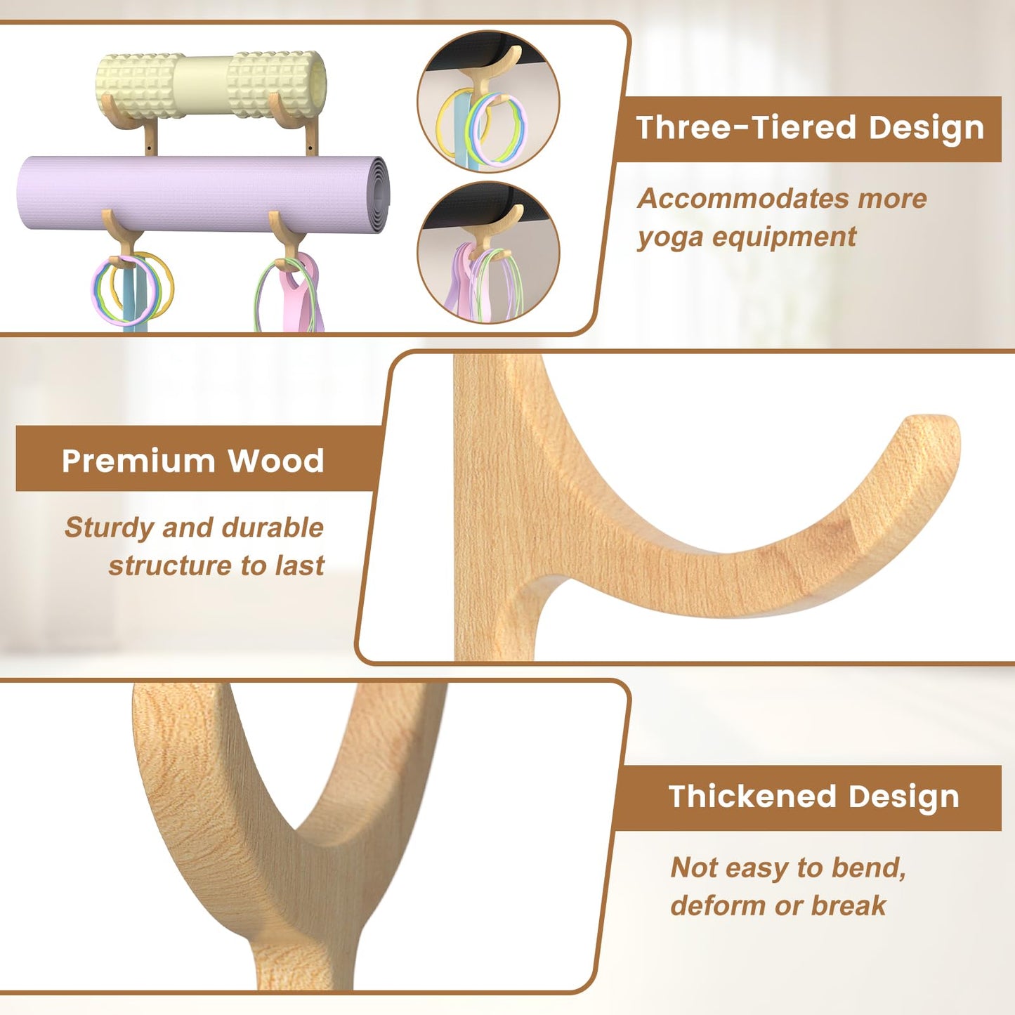 BSTSLL Wooden Yoga Mat Holder Wall Mount, Yoga Mat Storage Rack, Home Gym Equipment Organizer, Wall Mount Workout Storage Holder for Hanging Foam Rollers and Resistance Bands (2-Tier)