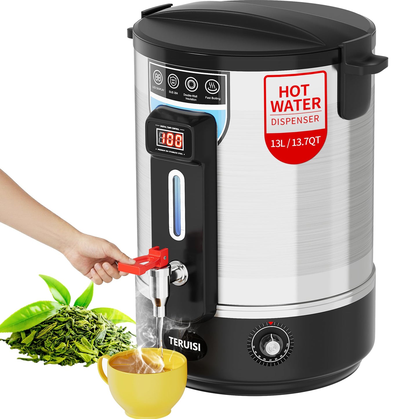 TERUISI Electric Water Boiler, 13L/13.7QT Commercial Hot Water Dispenser, 1500W Hot Water Boiler Urn Beverage Dispenser with Stainless Steel Spigot, Doubled-Wall Insulation, Adjustable Temperature