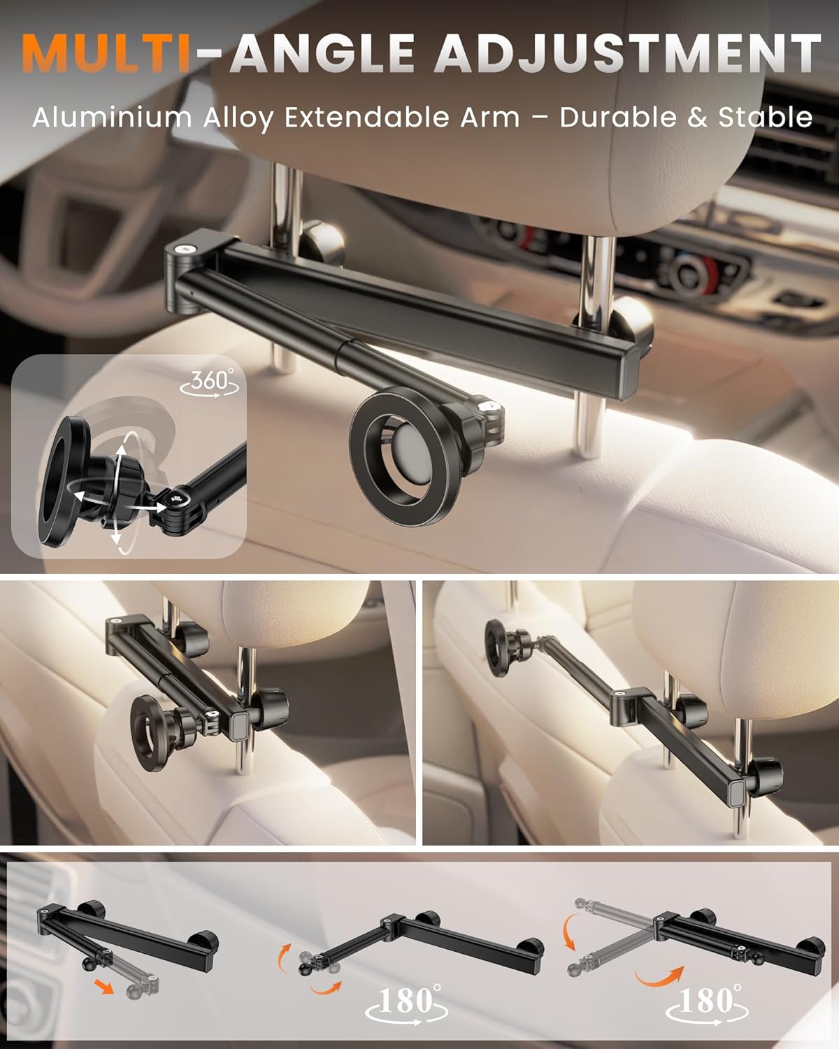JDHDL 6 lb for Magsafe Car Headrest Tablet Holder, for iPad Holder Car Mount, Strong Magnetic Force Adjustable Aluminum