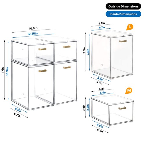 LALOBLUE Clear Stackable Drawer Organizer, 4 Pack Acrylic Storage Drawers with Pull-Out Design, Space-Saving Organizer for Bathroom, Vanity, Kitchen & Office