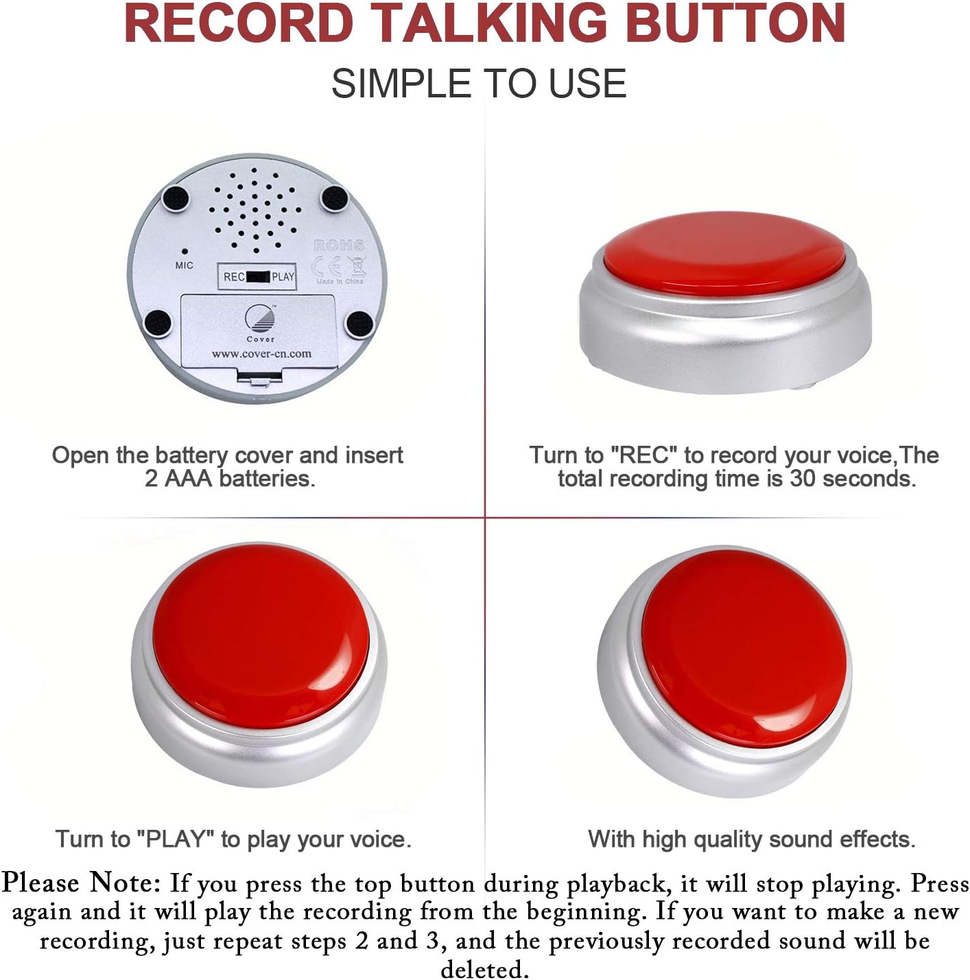 SUMWELL 30 Sound Button- Seconds Custom Recordable Talking Button-Record & Playback Your Own Message-Quality Voice
