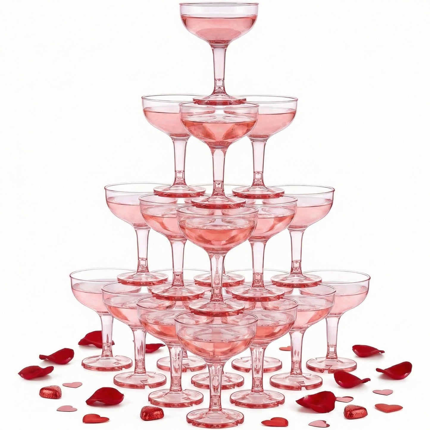 Zopeal 30 Pcs Plastic Champagne Tower Glasses - 5 oz Disposable Coupe Cocktail Cups for Graduation, Summer Pool Parties, Weddings, and Birthday Celebrations(Pink,Transparent)