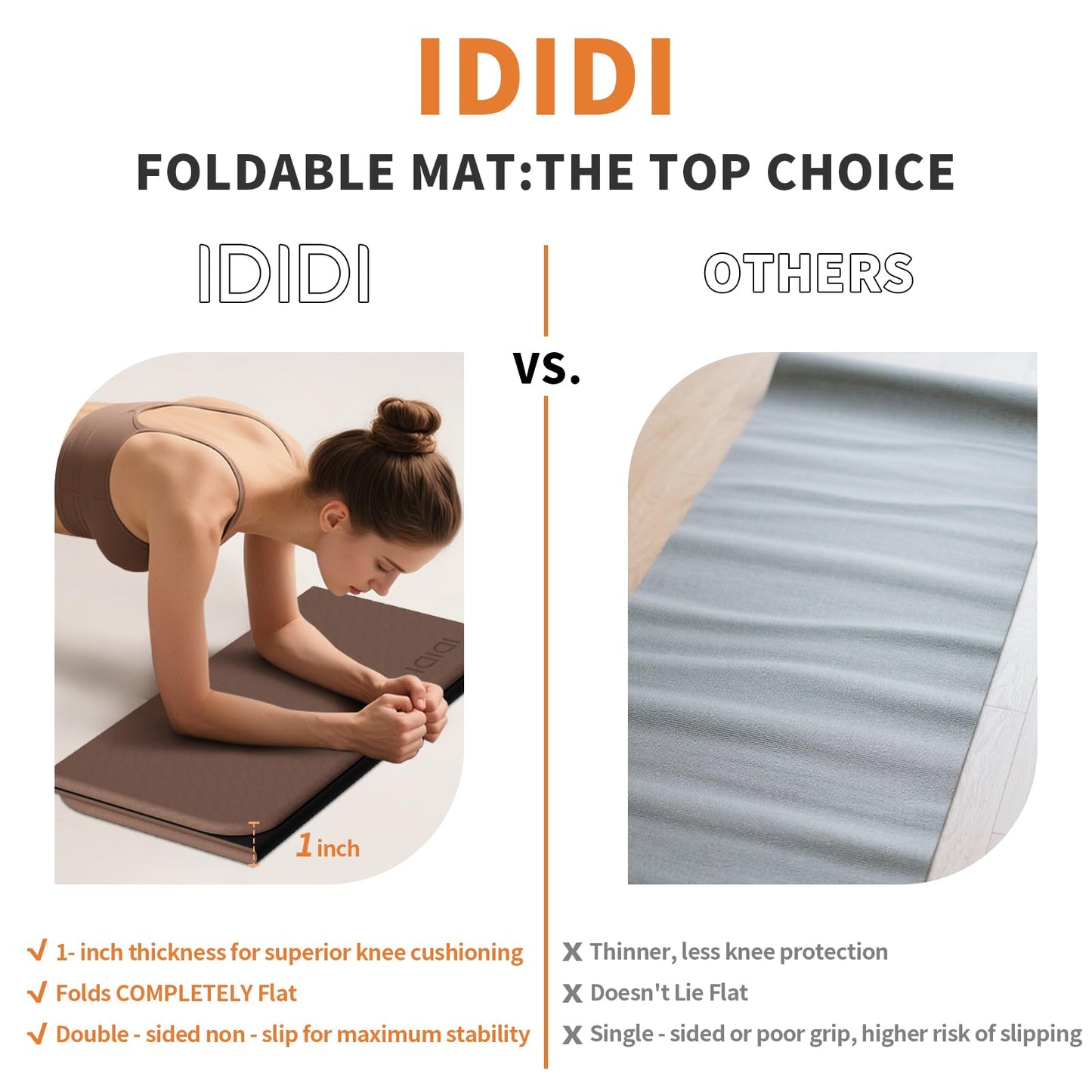 Foldable Exercise & Yoga Pad for Gym or Home Use, 1.2" Thick Eco-Friendly Kneeling Pad & 14"x24" Push Up Mat for Man Woman Kids, Non-Toxic POE Kids Play Mat, Lightweight Gym Cushion for Yoga, Pilates (Dark brown+black)
