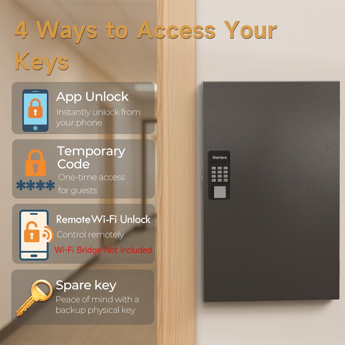 DiDiHere 96-Key Key Lock Box Wall Mount, Smart Key Management Cabinet with App, Key Access Log Tracking, Digital Keypad, Bluetooth & WiFi Unlock (Sold Separately) for School, Office, Business