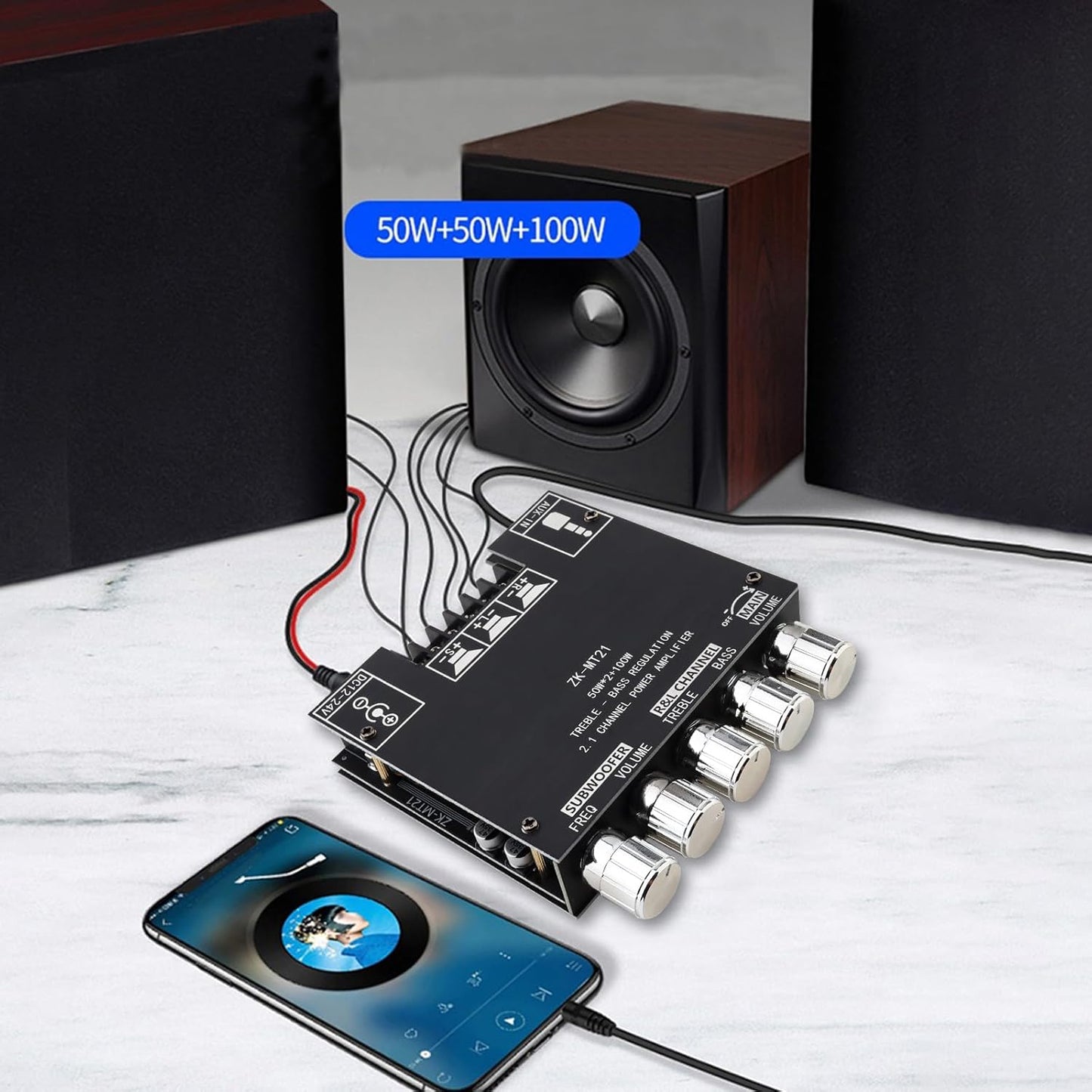 DiGiYes 2.1 50W 2+100W 12V-24V Bluetooth Power Amplifier Board with Subwoofer Channel x DC Audio Power Amplifier Module