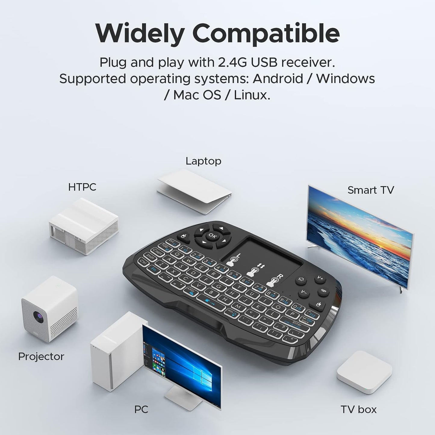 Miritz A3 -2.4GHz 7-Clolor TV/PS4/MacOS/Tablet Mini Keyboard with Touchpad & Bluetooth Dual-Mode, Backlit
