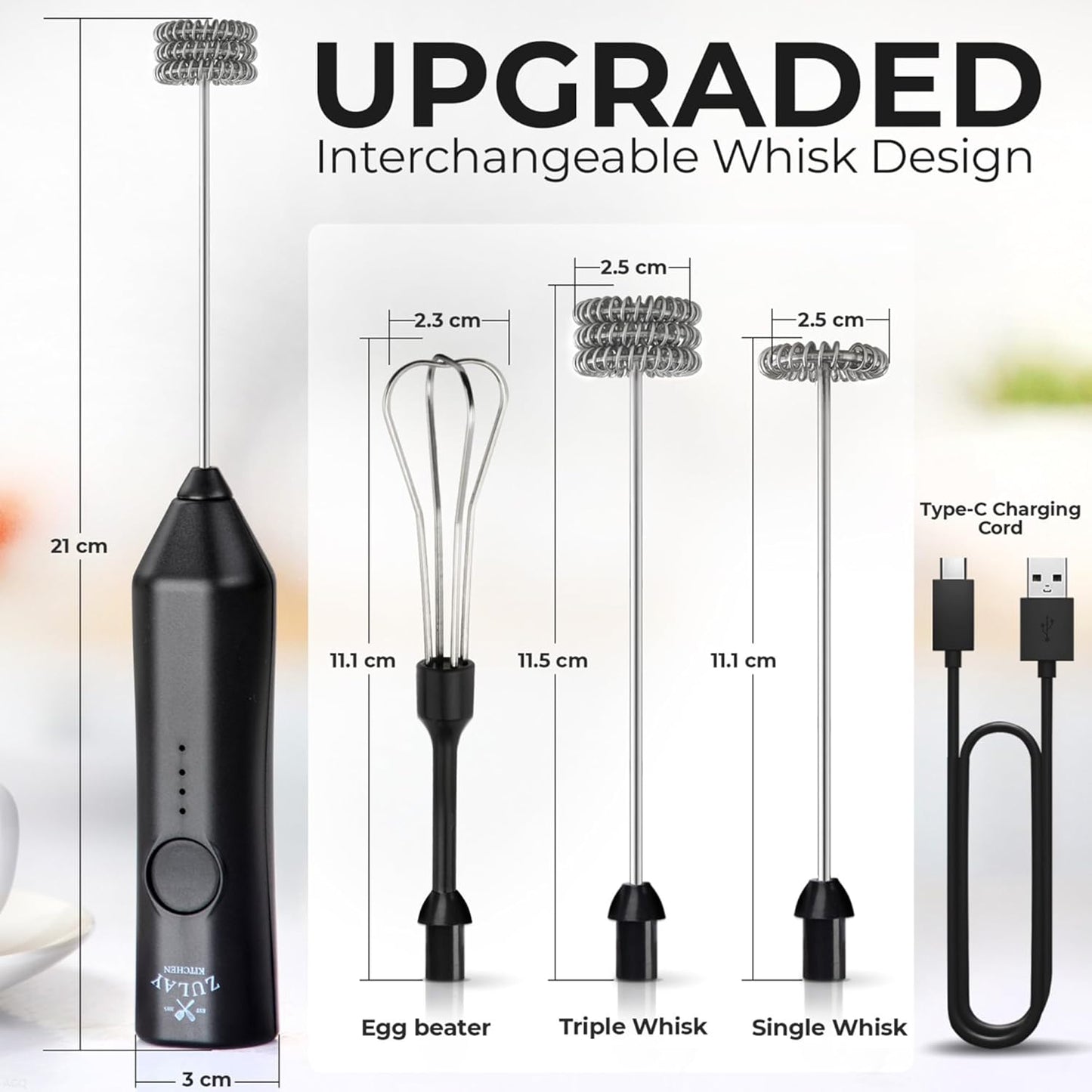Zulay Kitchen Rechargeable Milk Frother - 3 Speeds & 3 Whisk Attachments - USB Charging for Lattes & Cappuccinos - Black