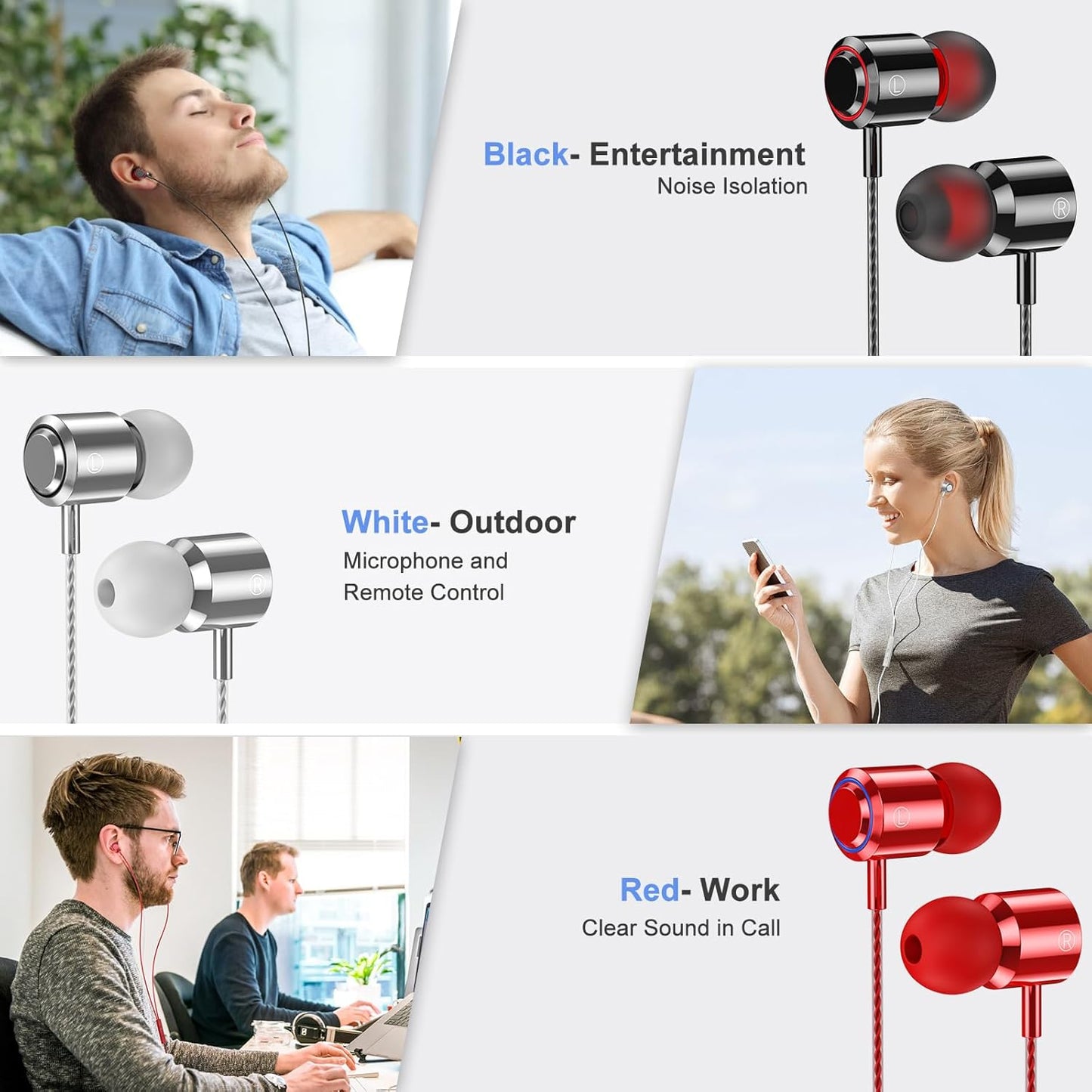 3 Pack MP3 3.5mm Wired Earbuds with Microphone, In-Ear Headphones Wired with Noise Blocking &Volume Control, Premium