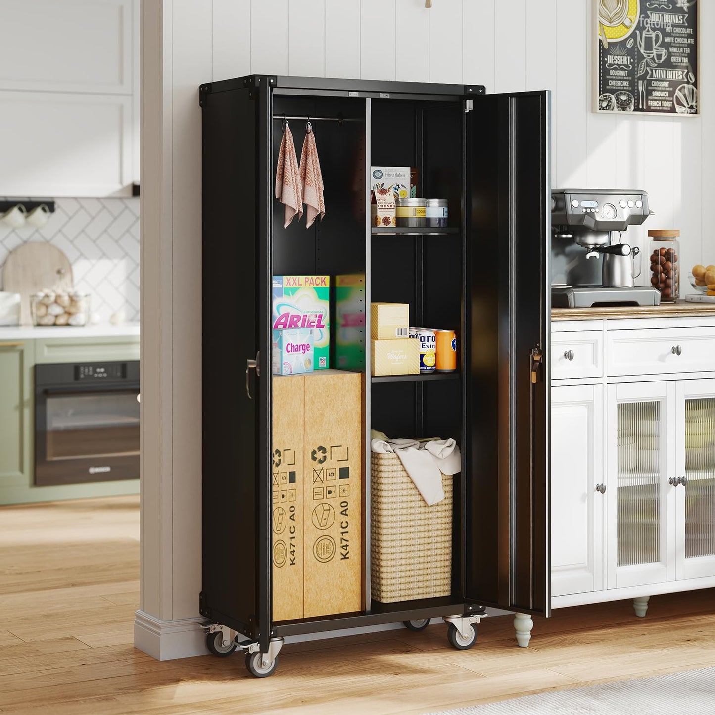 DUMOS 72" Metal Garage Storage Cabinet with Wheels, Tall Rolling Steel Tool Cabinet with Adjustable Shelves and Locking Doors, Lockable File Cabinet for Garage, Home, Office, Warehouse, Black