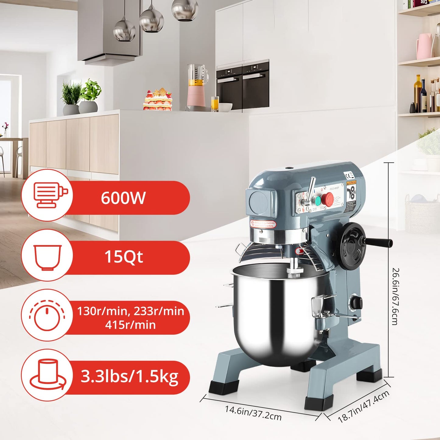 Towallmark Commercial Food Mixer 15QT 600W 110V 3 Speeds Adjustable, Stainless Steel Bowl Stand Mixer With Safety Guard, Premium for Schools Bakeries Restaurants Pizzerias