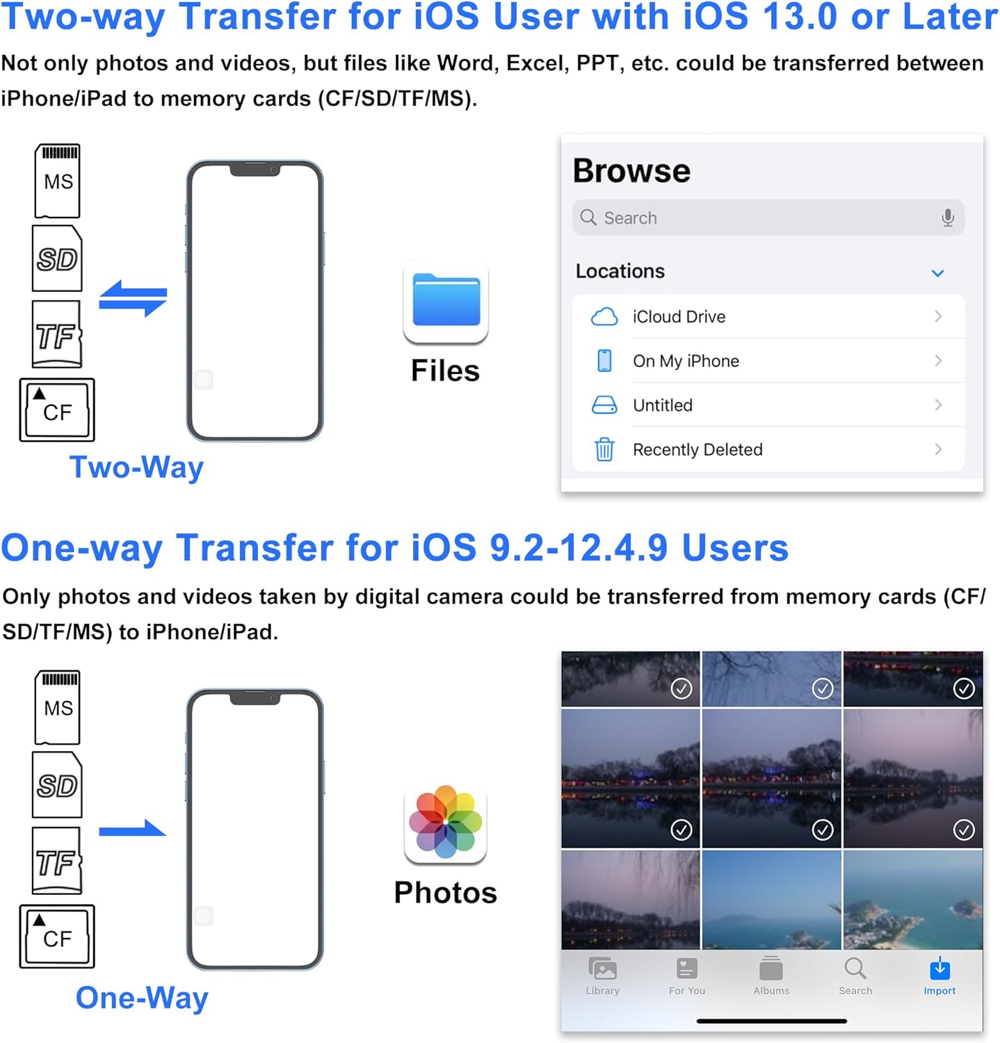 TIANSONG 4 1 SD Card Reader for iPhone, in USB C and Lightning to CF/SD/MS/TF Card Adapter Memory Card Reader