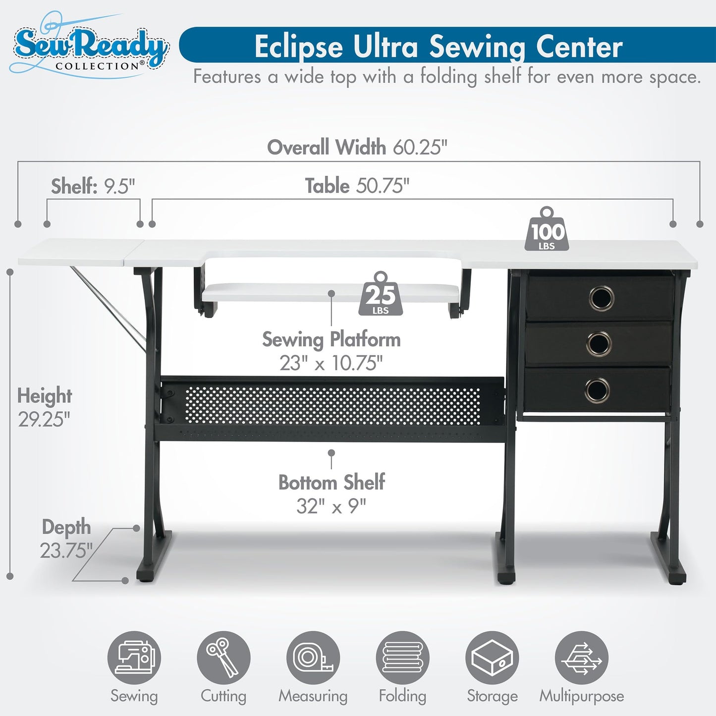 Sew Ready Eclipse Hobby Sewing Table, 60.25 x 23.75" Overall Platform Size with Large Lower Storage Drawer, 2 Side Shelves & Cloth Drawer, Black/White