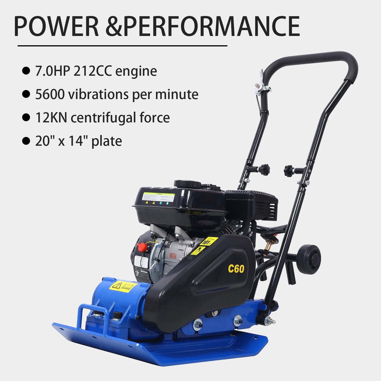 LANTRO JS Plate Compactor, Compactor Machine, 7.0HP 212cc 12000N Force Construction Concrete Tamper Machine Power Paver 20''x 14'' Plate