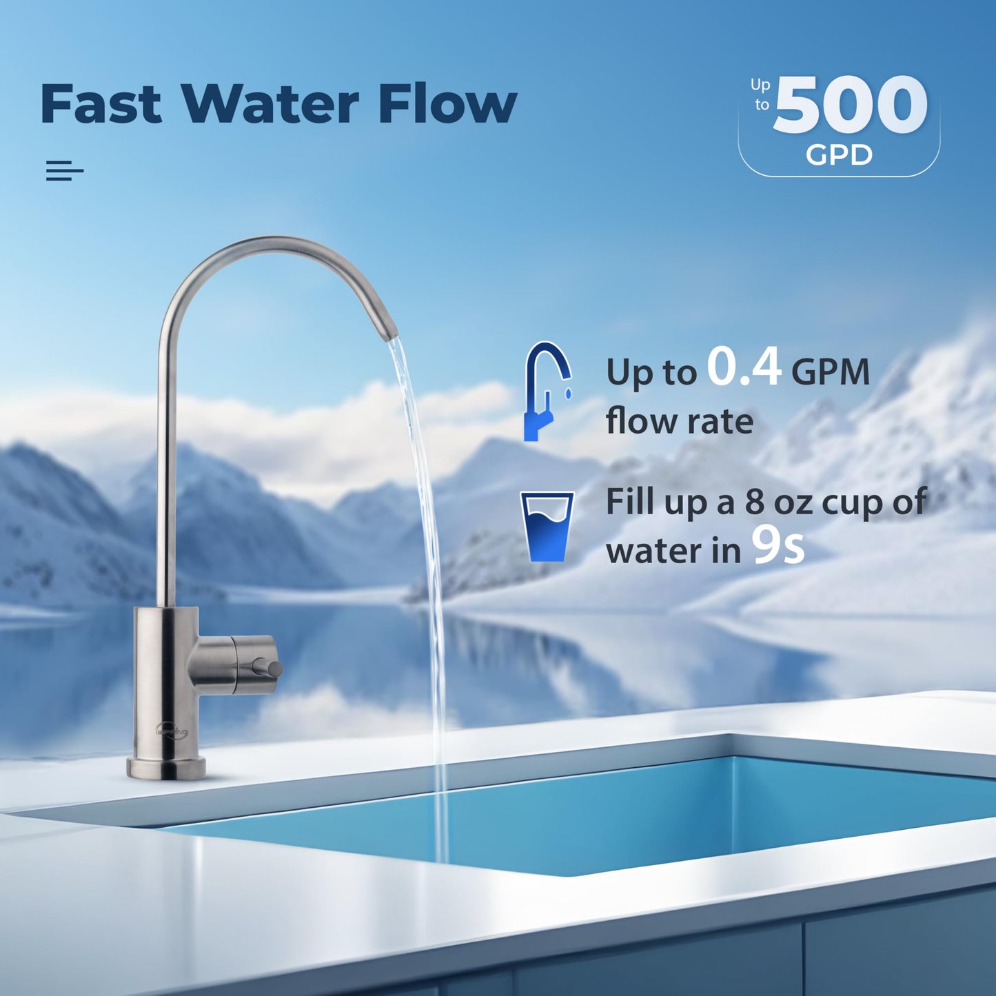 iSpring RO500-BN, NSF Certified Tankless RO Reverse Osmosis Water Filtration System, 500 GPD Fast Flow, Brushed Nickel Faucet, 2:1 Pure to Drain Ratio, White